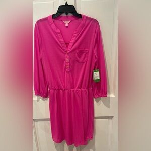 NWT Lilly Pulitzer Pink SZ L long sleeve elastic waist & sleeve ends V neck